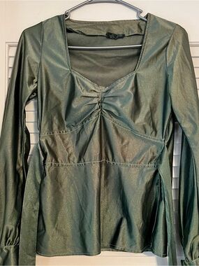 Vintage 70s Chelsea Girl Long Sleeve Green Satin Peplum Top